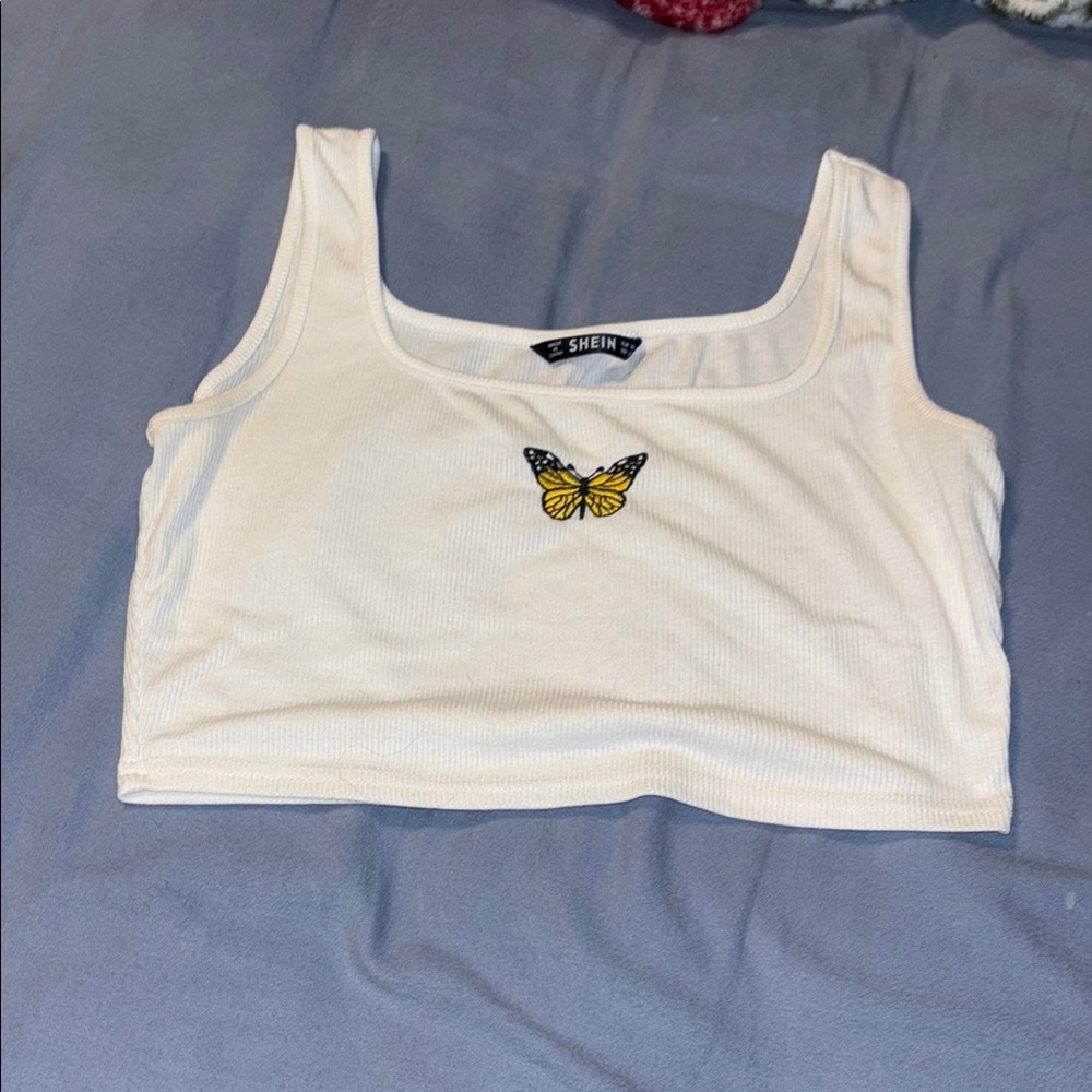 SHEIN White Crop Top with Butterfly Detail